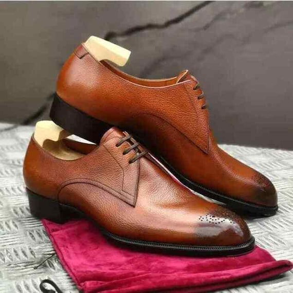 Handmade Brown Leather Derby Shoes: Brogue Dress Shoes