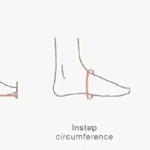 May include: Diagram illustrating foot measurement points: foot length, instep circumference, and joint circumference. The image shows a foot outline with lines indicating where to measure for shoe sizing.