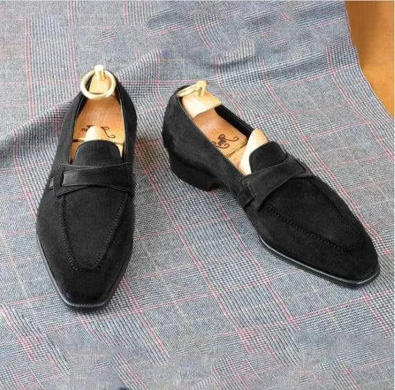 Handmade Men's Black Suede Loafers – Classic Square Toe Slip-On Dress Shoes for Everyday wear