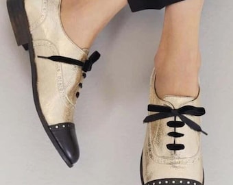 Handmade Gold & Black Leather Oxford Shoes: Women's Two-Tone Brogues