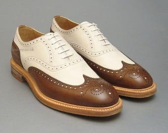 Handmade Two-Tone Leather Wingtip Brogues Shoes for Men – Classic Brown & White Oxford Shoes