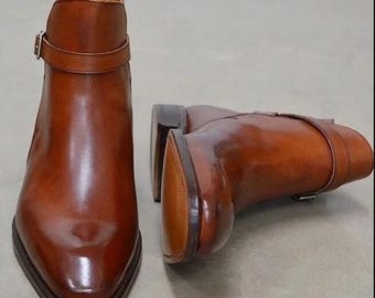 Handgemachte Braune Leder Monk Strap Stiefel: Karree Frack Stiefel