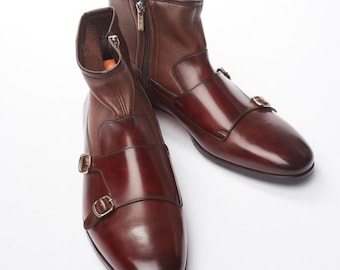 Handgefertigte Braune Leder Monk Strap Stiefel: Doppelschnalle Ankle Boots