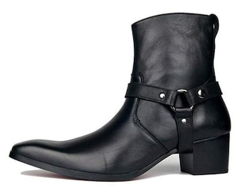 Handmade Men's Black Leather Ankle Harness Boots - Cowboy Style with Block Heel
