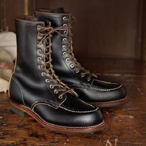 Handcrafted Black Moc Toe Leather Boots for Men | High-Top Heritage Lace-Up Work Boots | Rugged Goodyear Welt Boots