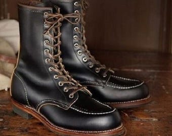 Handcrafted Black Leather Moc Toe Boots: Goodyear Welt Work Boots