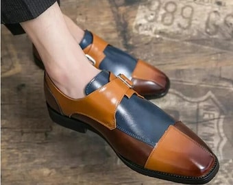 Handgemachte zweifarbige Monk Strap Schuhe: Braun & Marine Leder