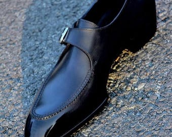 Handmade Black Leather Monk Strap Shoes: Single Buckle Formal Dress Shoes