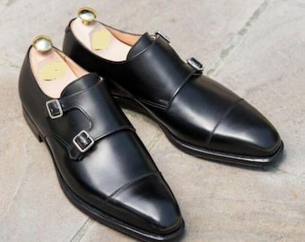 Handmade Black Leather Double Monk Strap Shoes: Formal Cap-Toe Footwear