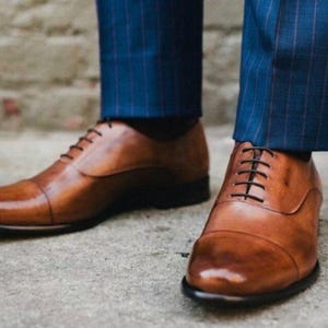 Handmade Men’s Brown Oxford Shoes | Genuine Leather Cap Toe Dress Shoes | Formal Wedding & Business Shoes for Men