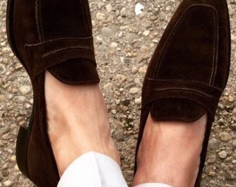 Handmade Dark Brown Suede Penny Loafers: Genuine Leather Slip-On Dress Shoes