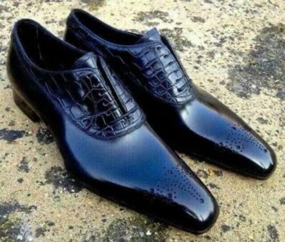 Handmade Croc-Embossed Leather Oxford Dress Shoes: Pointed Toe Brogue