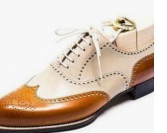 Handmade Two-Tone Wingtip Oxfords | Men's Leather Dress Shoes | Brogue Formal Footwear | Bespoke Classic Gift