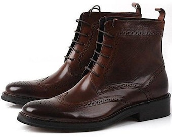 Handmade Brown Leather Brogue Boots: Wingtip Ankle Dress Shoes