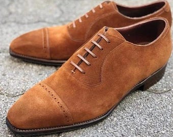 Handmade Tan Suede Oxford Shoes: Cap Toe Leather Dress Shoes