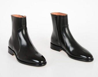 Handgefertigte Schwarze Leder Schnürstiefel: Elegante Ankle Boots mit Reißverschluss