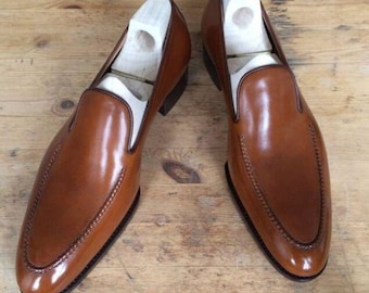 Handmade Brown Leather Loafers: Moccasin Slip-On Dress Shoes