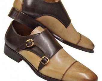 Handmade Two-Tone Leather Double Monk Strap Dress Shoes: Cap Toe