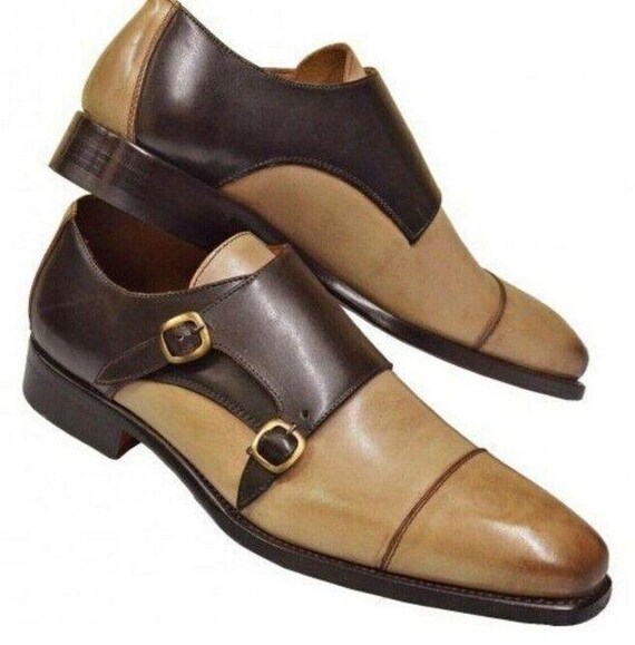 Handmade Two-Tone Leather Double Monk Strap Dress Shoes: Cap Toe