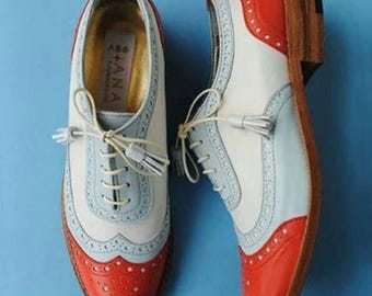 Zapatos Oxford de piel tricolor hechos a mano: Brogue con cordones para mujer