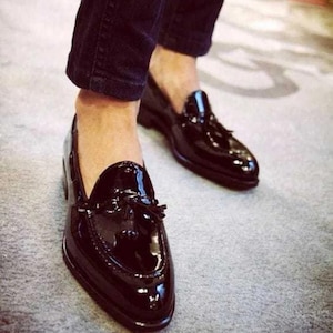 Handmade Men&#39;s Black Patent Leather Tassel Loafers | Luxurious Handmade Formal Slip-On Shoes