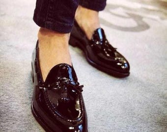 Handmade Men's Black Patent Leather Tassel Loafers | Luxurious Handmade Formal Slip-On Shoes