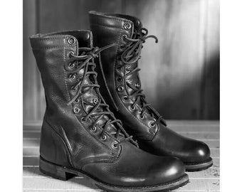 Handmade Black Combat Leather Boots for Men | Vintage Military-Inspired Lace-Up Boots | Rugged Workwear Style