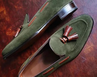 Handmade Green Suede Tassel Loafers: Italian Style Slip-On Dress Shoes
