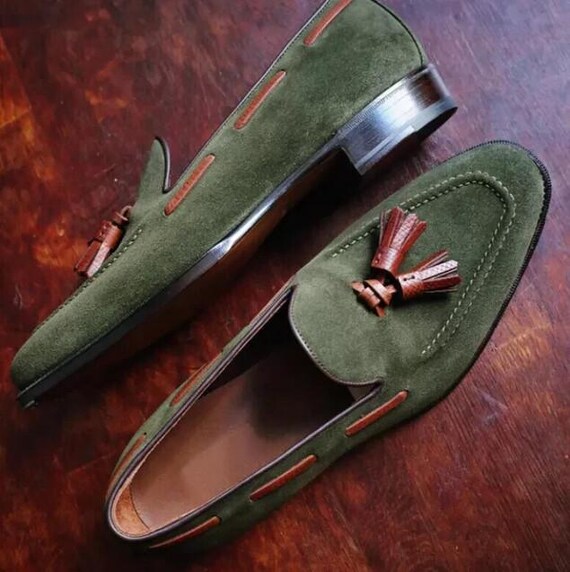 Handmade Green Suede Tassel Loafers: Italian Style Slip-On Dress Shoes