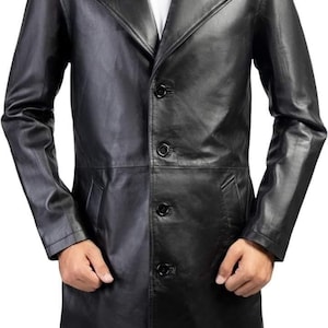 Handmade Men’s Black Leather Overcoat – Long Genuine Leather Coat with Button Closure