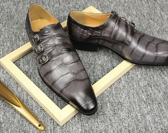 Handgemachte Graue Krokodilprägung Leder Monk Strap Schuhe