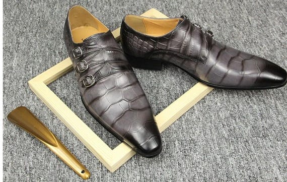 Handmade Grey Crocodile Embossed Leather Monk Strap Shoes