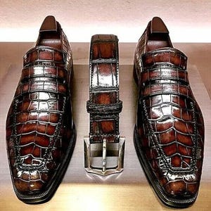 Handmade Brown Alligator Texture Loafers | Mens Penny Loafer Dress Shoes | Exotic Print Slip-On Footwear