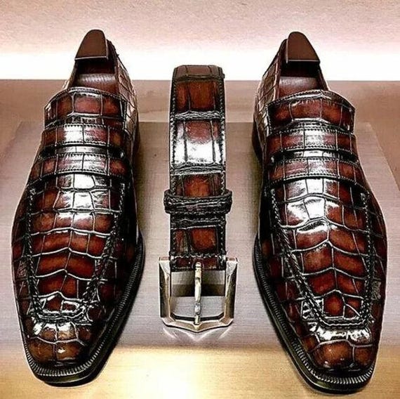 Handmade Brown Alligator Texture Loafers | Mens Penny Loafer Dress Shoes | Exotic Print Slip-On Footwear