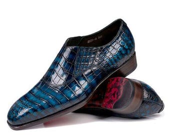 Handmade Men's Crocodile Embossed Slip-On Shoes | Blue Leather Loafers | Luxury Dress Shoes