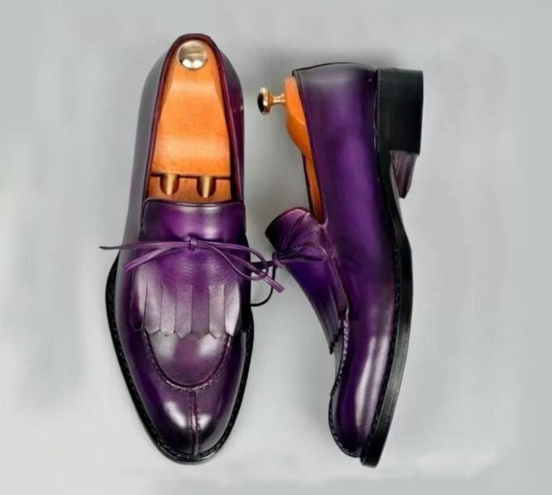 Men's purple footwear - Handmade Men’s Purple Leather Kiltie Loafers