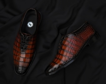 Handmade Brown Crocodile Texture Oxfords | Mens Two-Tone Formal Dress Shoes | Luxury Bespoke Gift