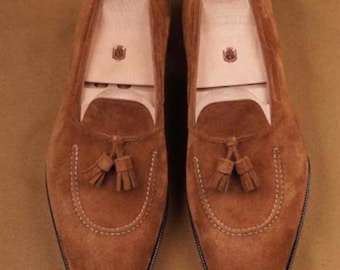 Handmade Brown Suede Tassel Loafers for Men – Classic Slip-On Dress Shoes