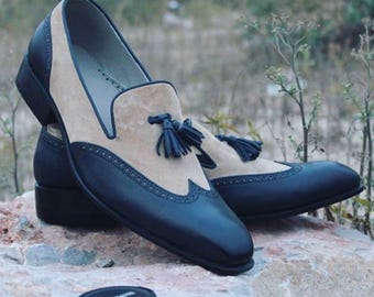 Handmade Two-Tone Leather Tassel Loafers: Elegant Suede Dress Shoes
