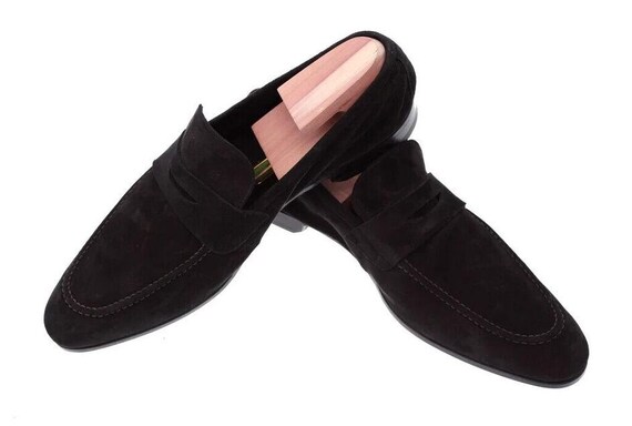 Handmade Black Suede Penny Loafers for Men – Classic Slip-On Dress Shoes