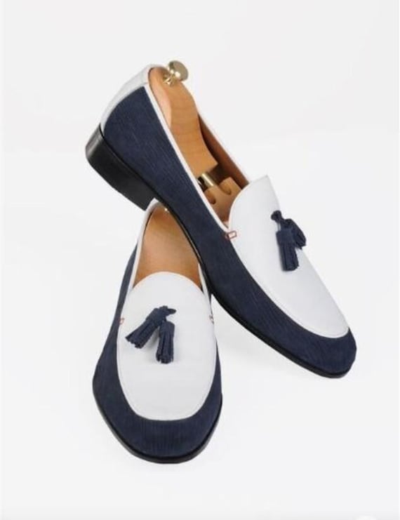 Handmade Two-Tone Leather Tassel Loafers: Navy & White Slip-Ons