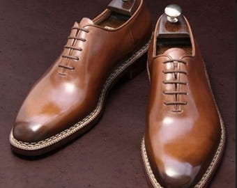 Handmade Brown Leather Oxford Shoes: Wholecut Dress Shoes