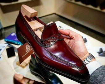 Mocasines burdeos hechos a mano para hombre / Zapatos de vestir de piel con ribetes exóticos / Calzado formal sin cordones