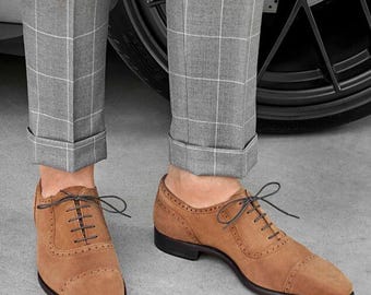 Handmade Tan Suede Oxford Brogue Shoes: Genuine Leather Dress Shoes