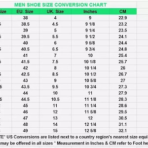 May include: A shoe size conversion chart for men, with US, EU, and UK sizes, inches, and centimeters. The chart includes sizes from US 5 to 16, with corresponding EU, UK, inch, and cm measurements. The text at the top reads "MEN SHOE SIZE CONVERSION CHART".