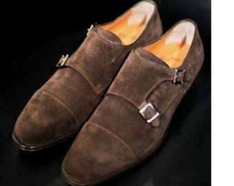 Handmade Brown Suede Double Monk Strap Shoes: Italian Style