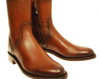 Handmade Brown Leather Side-Zip Boots: Men's Mid-Calf Dress Boots