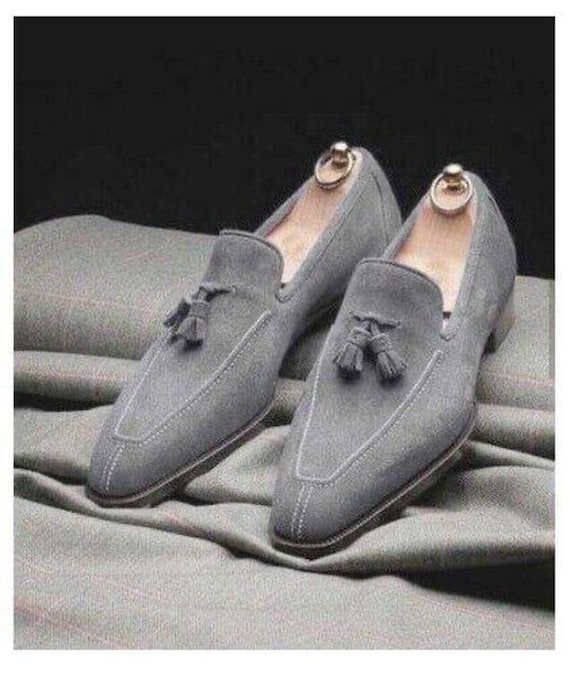 Handmade Men’s Grey Suede Tassel Loafers – Classic Slip-On Dress Shoes for Formal & Casual Wear