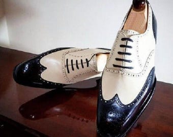 Handmade Men's Two-Tone Oxford Brogue Shoes | Black & White Leather Wingtip Dress Shoes