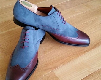 Handmade Blue Suede & Burgundy Leather Oxford Shoes | Two Tone Wingtip Dress Shoes